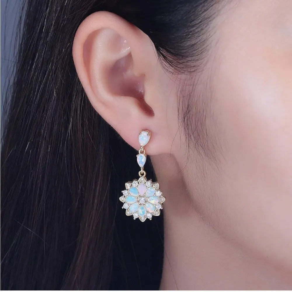 18K Yellow Gold 925 Sterling Silver with White Fire Opal and CZ Flower Earrings